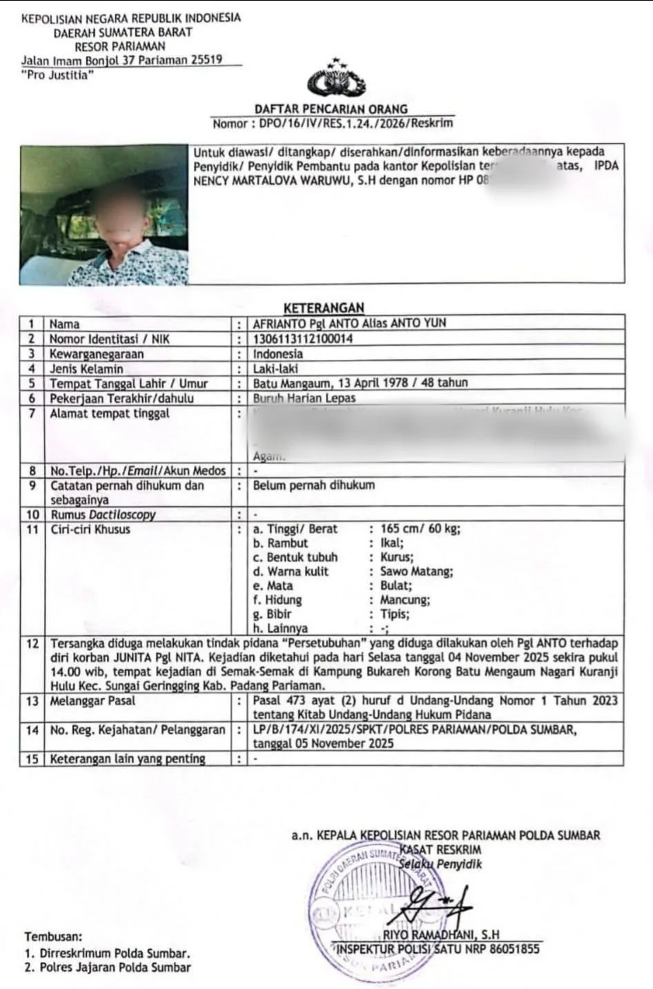 cbcpos.com|DPO Terduga Pelaku Kekerasan Seksual di Sungai Geringging Terbit, Kuasa Hukum Korban Apresiasi Langkah Polres Pariaman