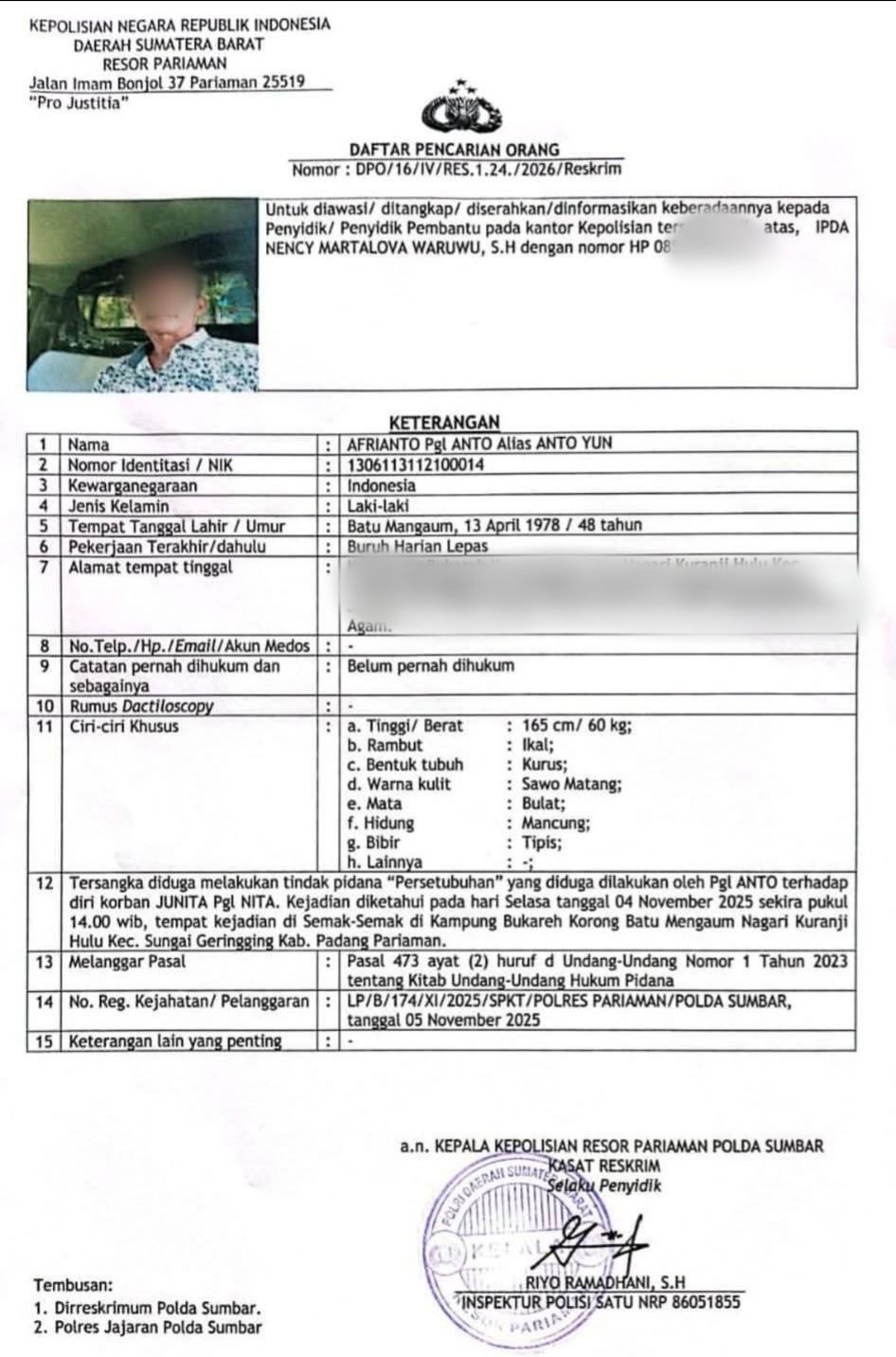 DPO Terduga Pelaku Kekerasan Seksual di Sungai Geringging Terbit, Kuasa Hukum Korban Apresiasi Langkah Polres Pariaman