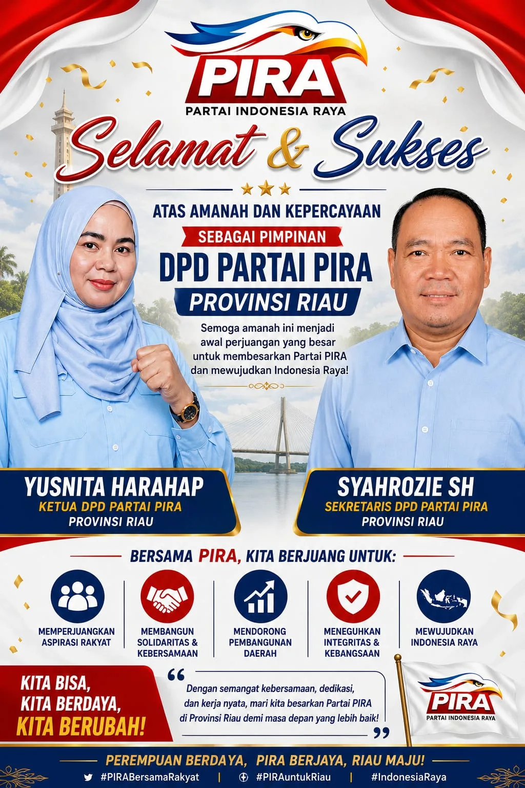 cbcpos.com|SELAMAT ATAS AMANAH BESAR, YUSNITA HARAHAP DAN SYAHROZIE SH RESMI PIMPIN DPD PARTAI PIRA PROVINSI RIAU