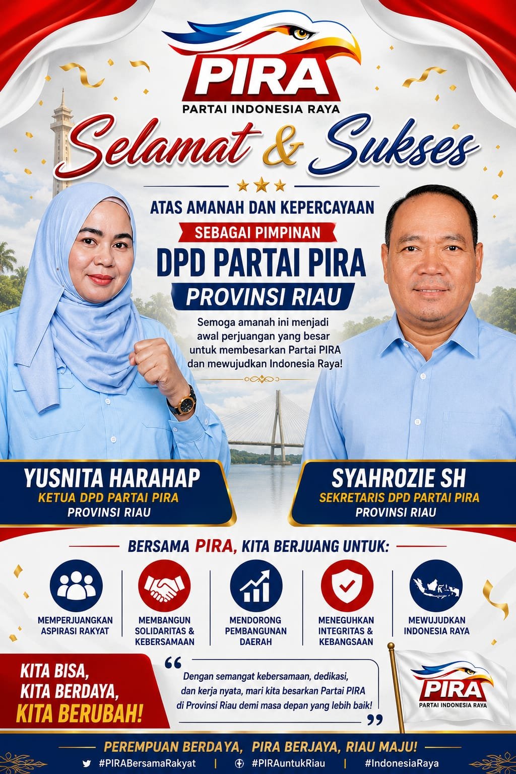 SELAMAT ATAS AMANAH BESAR, YUSNITA HARAHAP DAN SYAHROZIE SH RESMI PIMPIN DPD PARTAI PIRA PROVINSI RIAU