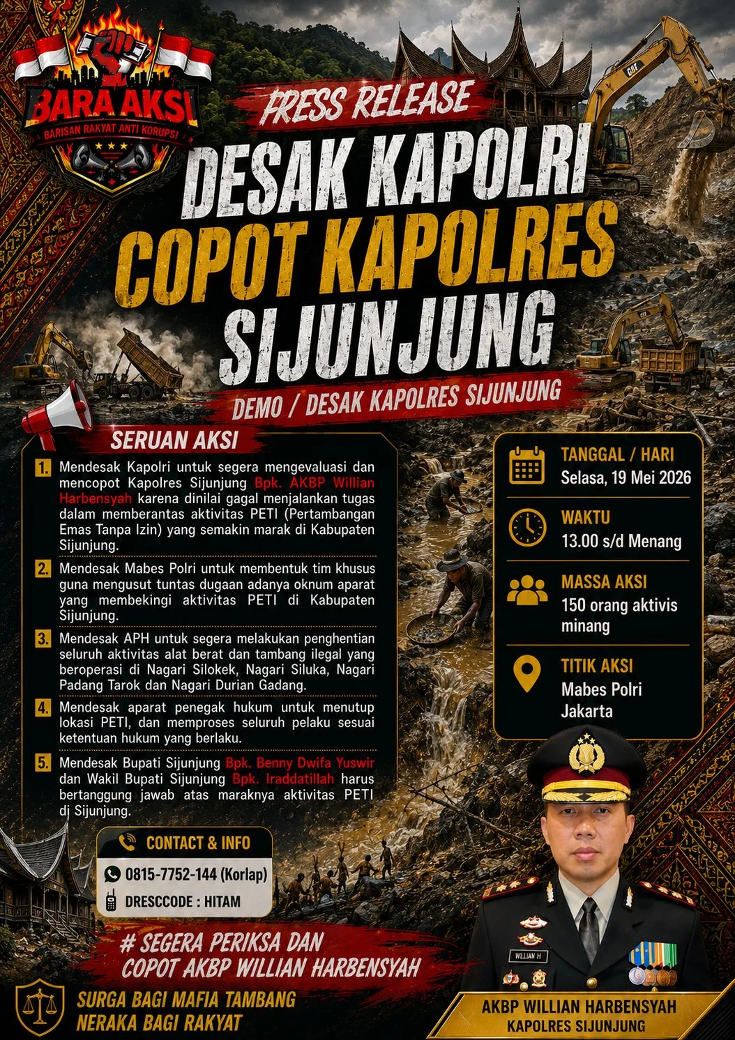 cbcpos.com|PRESS RELEASE Aksi Demonstrasi Desak Kapolri Copot Kapolres Sijunjung Akan Digelar di Mabes Polri