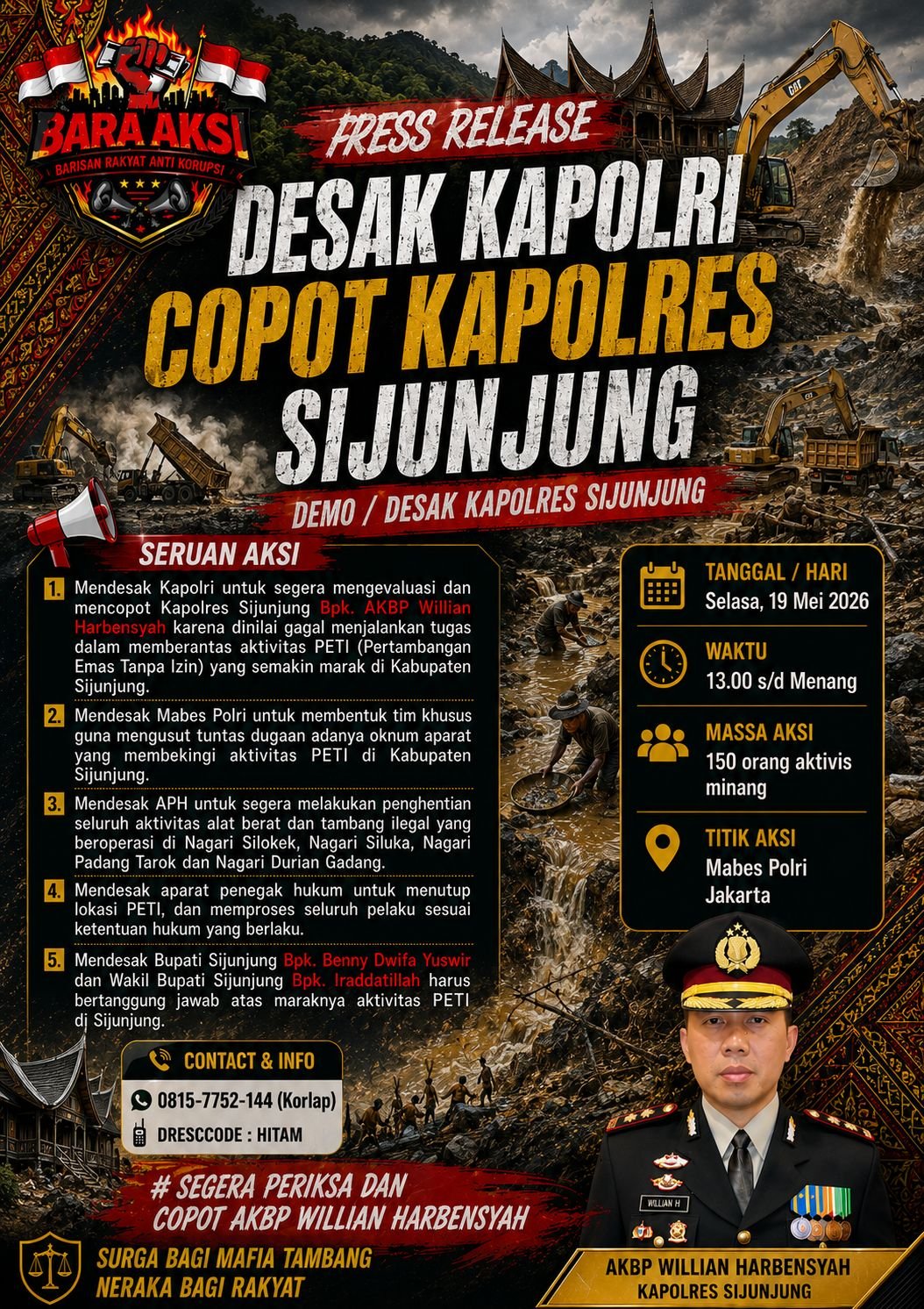 PRESS RELEASE Aksi Demonstrasi Desak Kapolri Copot Kapolres Sijunjung Akan Digelar di Mabes Polri